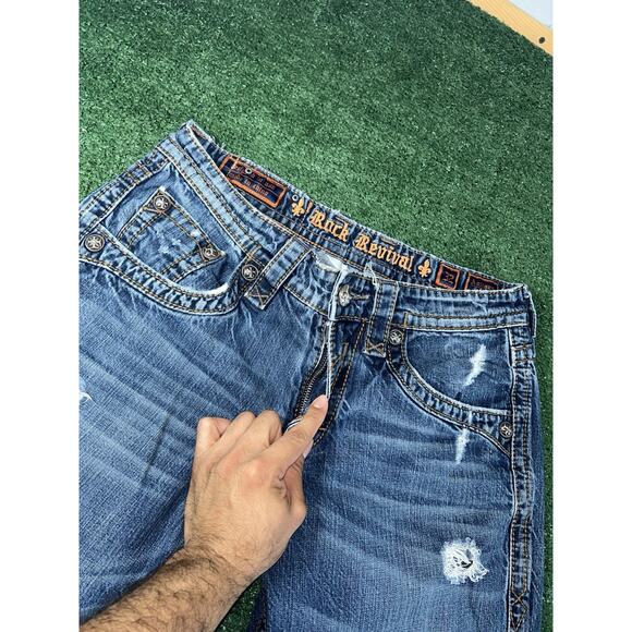 Rock Revival Jeans Mens Y2K Anthony Straight Distressed Faded Whiskering 32x33 - Picture 3 of 12